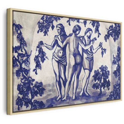  Slika - Ancient vineyard - three women in a portal painted with blue ink 120x80 U prirodnom drvenom okviru Cene