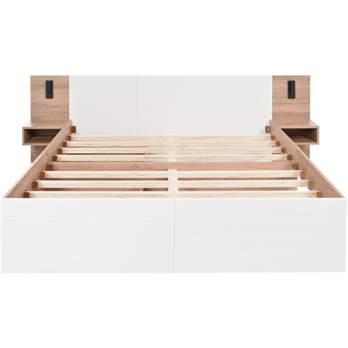 Lumor Dvoposteljna postelja 140x200 cm, z 2 nočnima omaricama in 2 predaloma, 2 vrtljivi bralni lučki z USB priključkom – bela, (22150882) Cene
