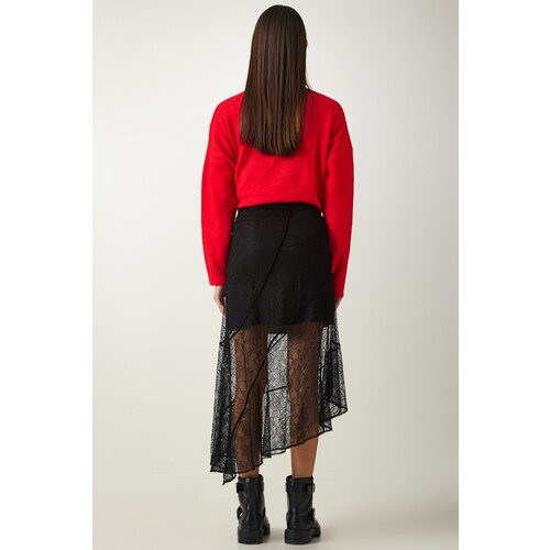  Women's Black Asymmetrical Lace Midi Skirt Cene