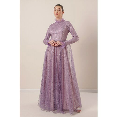 By Saygı Lined Beaded Detailed Tulle Long Dress with a Pile Collar And Sleeves With A Belt At The Waist Lilac. Slike