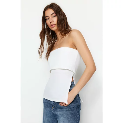 Trendyol White Crepe Knitted Blouse with a Strapless Collar and Zipper on the Side
