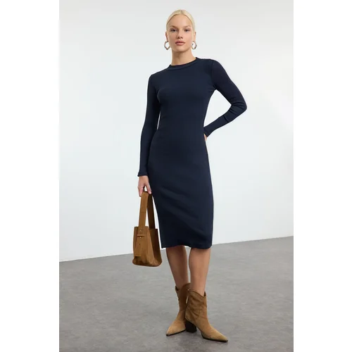 Trendyol Navy Blue Body-Styling Slit Crew Neck Midi Ribbed Flexible Knit Dress