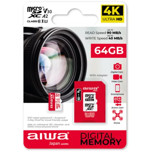Aiwa 4K spominska kartica MicroSD XC 64GB Class 10, 90MB/s z adapterjem SD