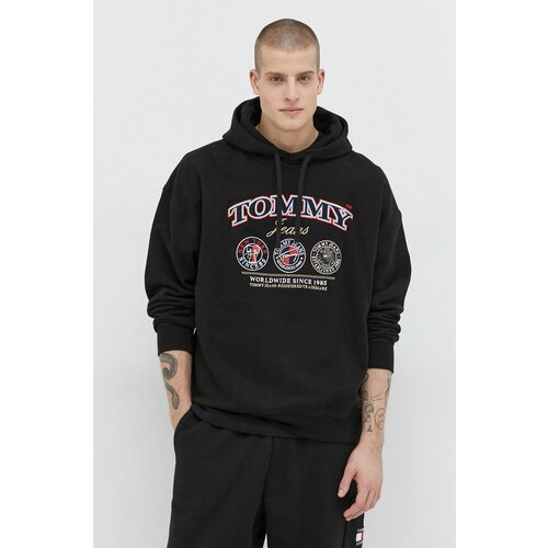Tommy Jeans Bombažen pulover mo&amp;scaron;ka, črna barva, s kapuco Slike