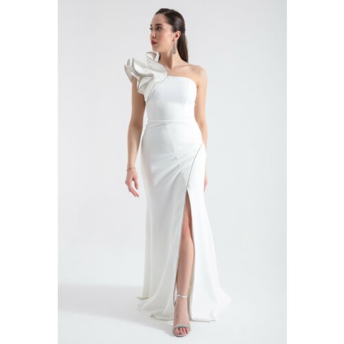 Lafaba Women's White One-Shoulder Slit Long Evening Dress Cene
