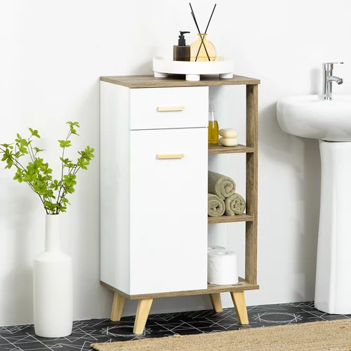 Kleankin Moderna kopalniška omarica z leseno omarico, predalom in policami, večnamenska omarica za varčevanje s prostorom in dvignjenim podstavkom, 50 × 30 × 89 cm, bela, (20754124)
