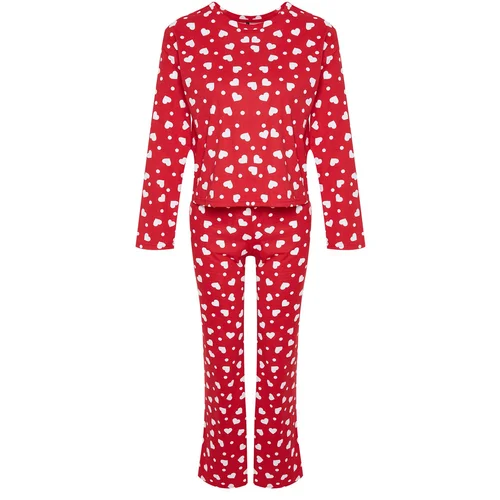 Trendyol Red 100% Cotton T-shirt-Pants with Heart and Knitted Pajamas Set