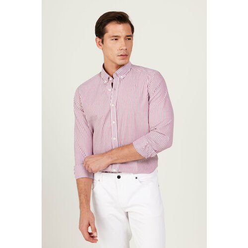 AC&Co / Altınyıldız Classics Men's White-burgundy Slim Fit Slim Fit Button-down Collar Cotton Striped Shirt Slike