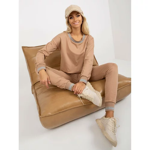 Fashion Hunters Women's camel tracksuit set with a sweatshirt without a hood