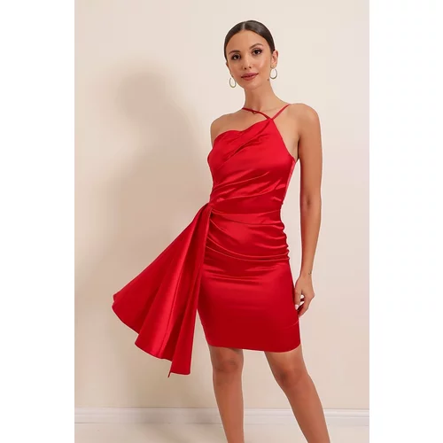 By Saygı One-Shoulder Long Sleeve Satin Short Dress With Pleats Red