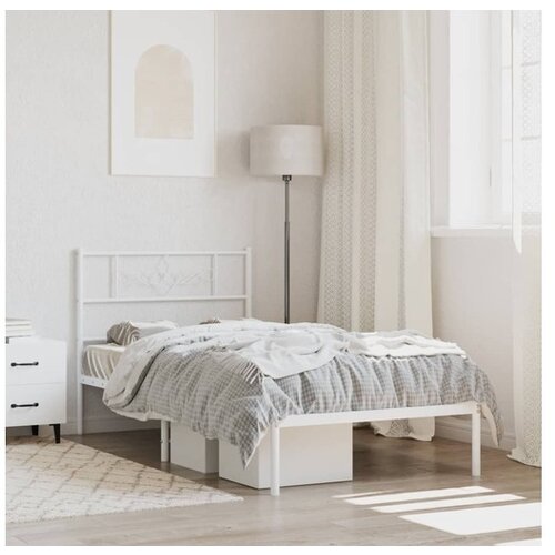 VidaXL Kovinski posteljni okvir z vzglavjem bel 107x203 cm Slike