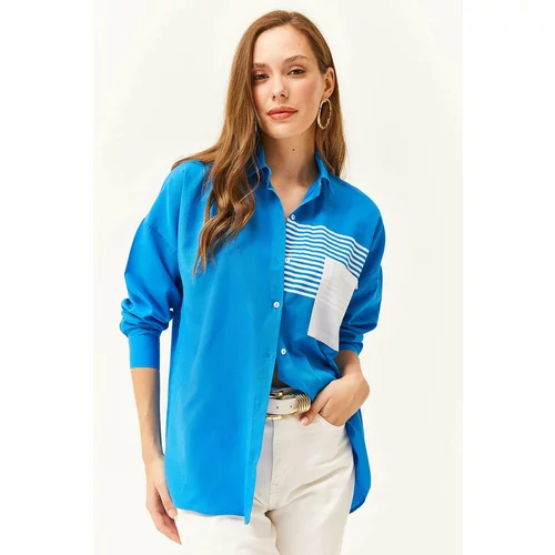Olalook Women's Saxe Blue Pocket Detailed Oversize Woven Shirt