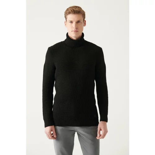 Avva Men's Black Full Turtleneck Textured Standard Fit Normal Cut Knitwear Sweater