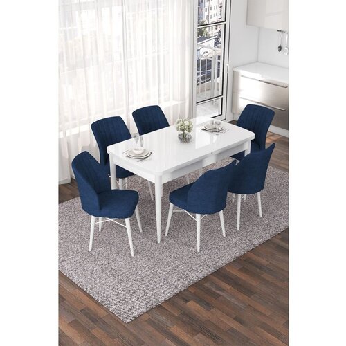 Hanah home nef - white, navy blue whitenavy blue extendable dining table & chairs set (7 pieces) Cene