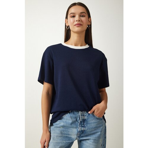  Women's Navy Blue Crew Neck Knitted T-Shirt Cene