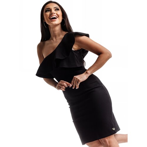 La Diva Black dress with decorative frill at the neckline Slike