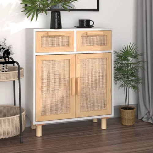 The Living Store Komoda bela 60x30x75 cm trdna borovina in naravni ratan - Komoda, (21503334) Slike