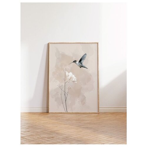 Wallxpert uramljena slika 115244, kolibri iznad belog cveta na bež akvarelnoj pozadini, 50 x 70 cm, ram u boji prirodnog drveta Cene