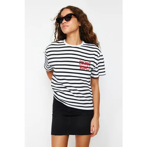 Trendyol Black-White Striped Slogan Embroidery Detailed Relaxed/Comfortable Fit Knitted T-Shirt