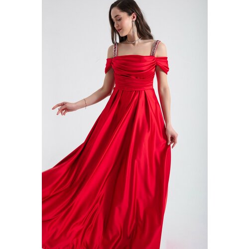 Lafaba Women's Red Stone Strap Draped Long Satin Evening Dress Slike