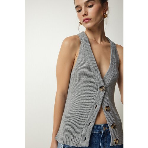  Women&amp;#039;s Gray Halterneck Buttons Knitwear Vest Slike