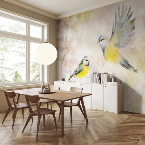  Foto tapeta - Painted tits - bird motif with patterns in yellow and beige tones 400x280 Vodootporna Slike