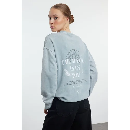 Trendyol Gray Front and Back Printed Washed Oversize/Wide Fit Knitted Sweatshirt