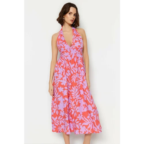 Trendyol Underwater Patterned Maxi Woven Beach Dress with Low-Cut Back