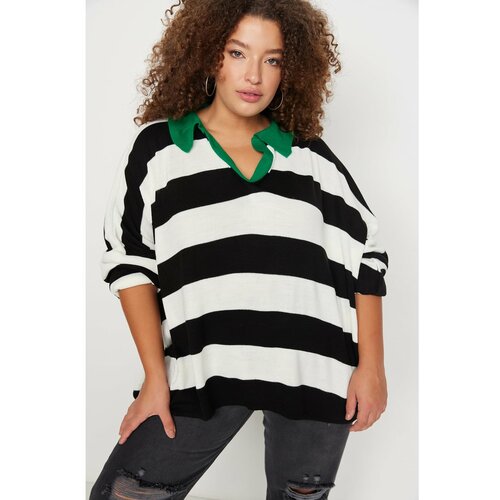Trendyol Curve Green Polo Collar Striped Knitwear Sweater Slike