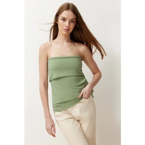 Trendyol Green Strapless Neck Side Zipper Crepe Knitted Blouse