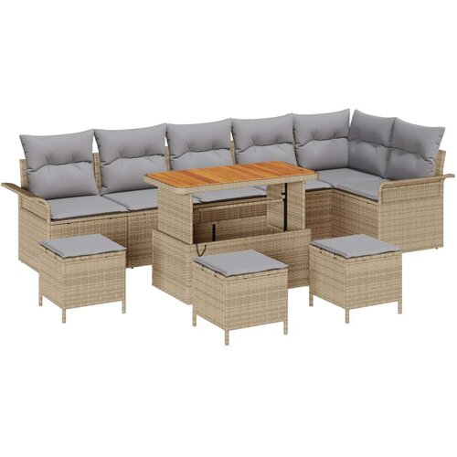  Set garniture za vrt od 10 dijelova s jastučićima bež poli-ratana akacija 2-sjedalna vrtna sofa s kutijom i jastučićima bež pol Slike