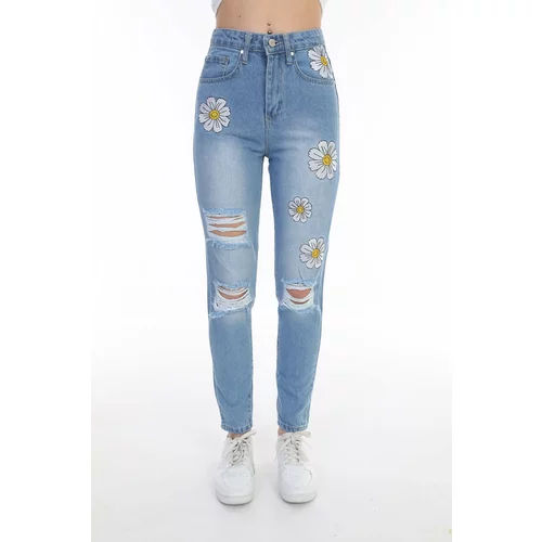 BİKELİFE Blue High Waist Mom Jeans With Laser Daisy Embroidery