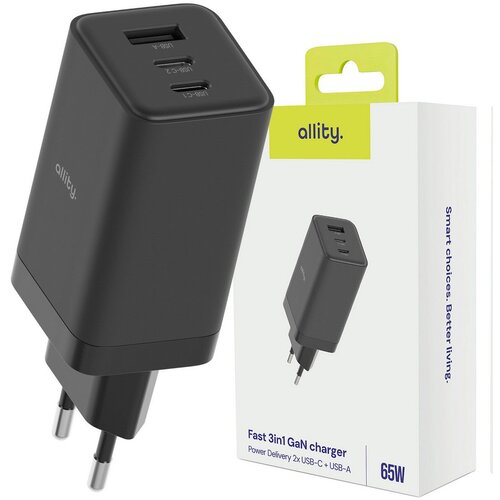 ALLITY zidni polnilec GaN PD QC ATC-01-65WACC 2x USB-C 1x USB-A 65W črn Cene
