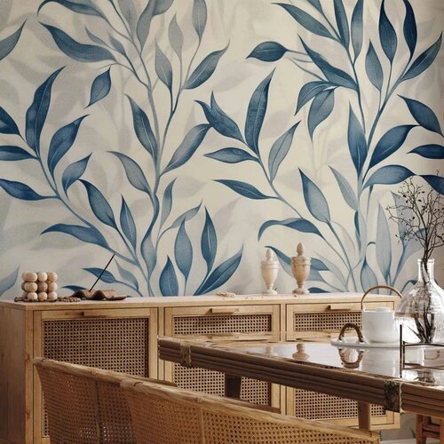  Foto tapeta - Leaves in Blue Colors Delicate Botanical Motif 392x280 Samoljepljiva Cene