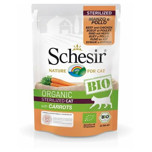 Schesir bio hrana u kesici za sterilisane mačke - govedina, piletina i šargarepa, 85g Slike