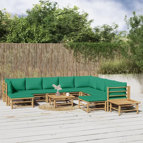 vidaXL Vrtna sedežna garnitura 12-delna z zelenimi blazinami bambus