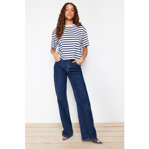 Trendyol Navy Blue Striped 100% Cotton Asymmetrical Loose/Relaxed Cut Knitted T-Shirt Slike