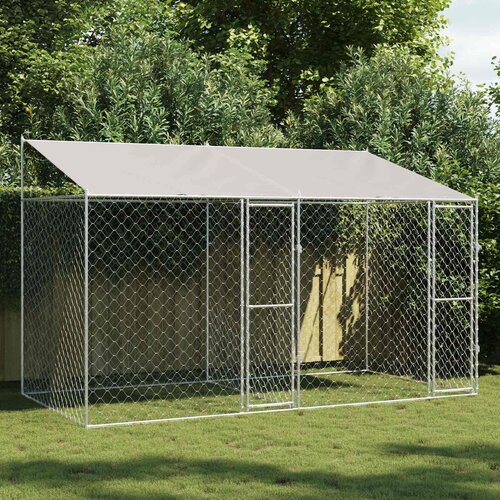  Kavez za psa s krovom Srebrno 400 x 200 x 256 cm Čelik i PE Slike