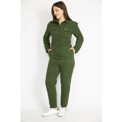 Şans Women's Green Plus Size Front Buttoned Gabardine Jumpsuit Slike