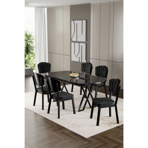 Hanah home trpezarijski set Flori, sto i 6 stolica, ploča u dekoru crnog mermera, crna tkanina Babyface Cene