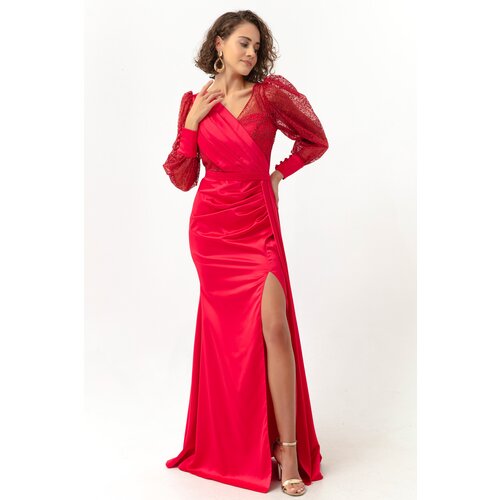 Lafaba Women's Red Double Breasted Collar Glittery Long Satin Evening Dress. Slike