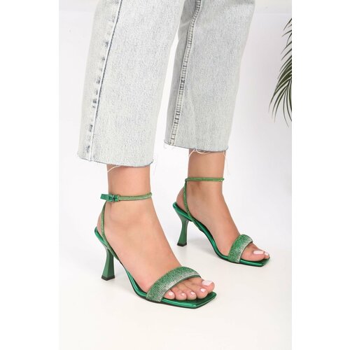 Shoeberry Women's Bella Emerald Green Metallic Single Strap Heeled Shoes Slike