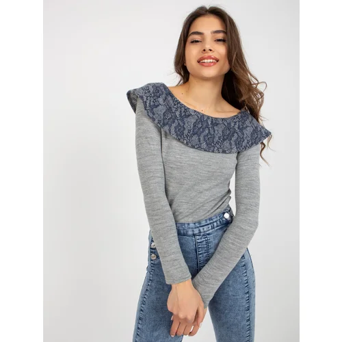 Fashion Hunters Grey and dark blue lady's blouse with decorative collar