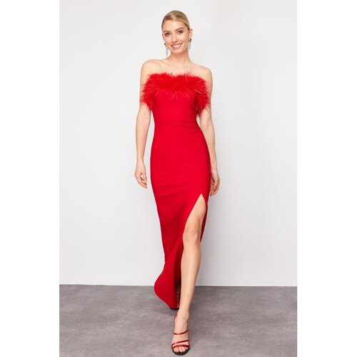 Trendyol Red Body-Fitting Evening Dress with Woven Otriches Cene