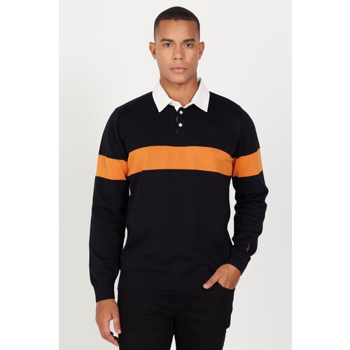AC&Co / Altınyıldız Classics Men's Black-Mustard Standard Fit Regular Cut Polo Neck 100% Cotton Patterned Knitwear Sweater Slike
