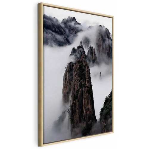  Slika - High Mountains in Mist (1-part) - Landscape of Clouds Amid Rocks 60x90 U prirodnom drvenom okviru Cene