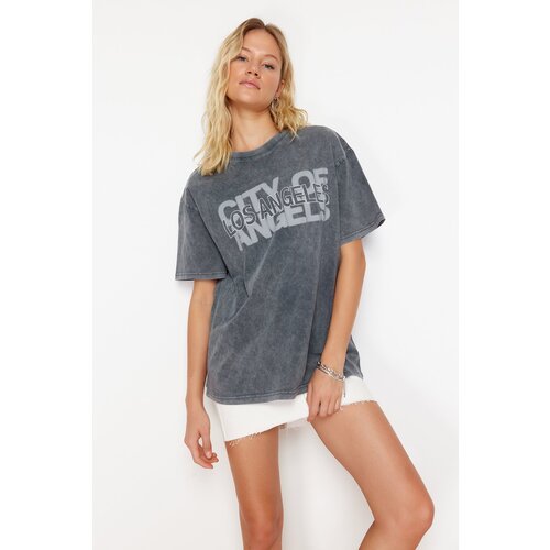 Trendyol Gray Oversize/Wide Fit Motto Printed Washed 100% Cotton Knitted T-Shirt Slike