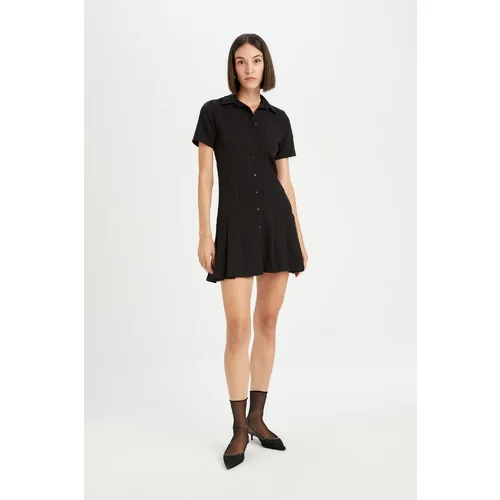 Defacto Polo Neck Basic Plain Short Sleeve Pleated Mini Dress