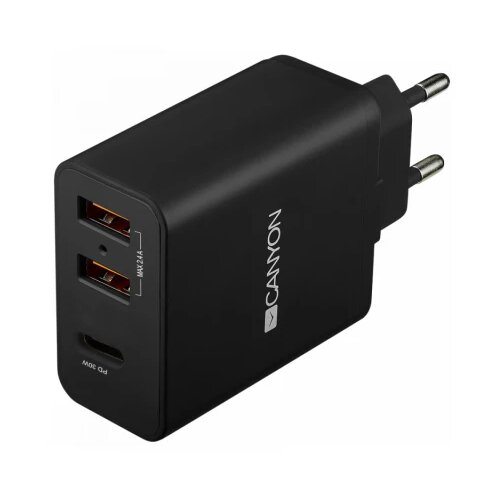 Canyon H-08, Universal 3xUSB AC charger (in wall) with over-voltage protection(1 USB-C with PD Quick Charger), Input 100V-240V, Output USB-A/5V-2.4A+USB-C/PD30W, with Smart IC, Black Glossy Color+orange plastic part of USB, 96.8*52.48*28.5mm, 0.092kg Cene