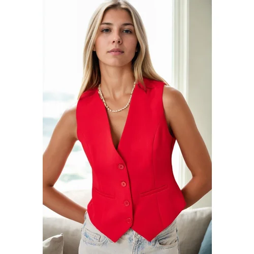 Dewberry 10202 Crop Woven Women Vest-RED